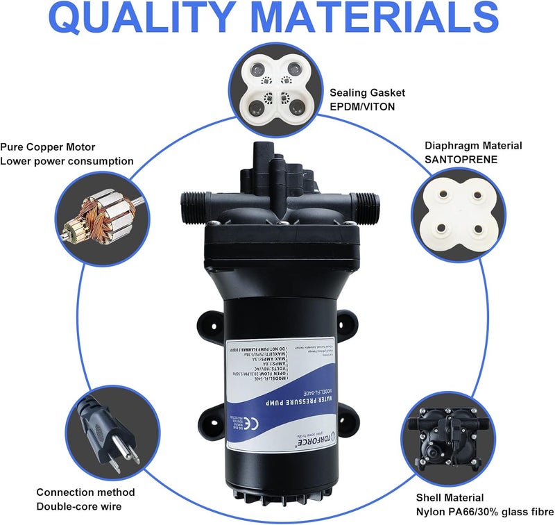 TDRSUPER Water Pressure Booster Pump, 110V AC Water Diaphragm Pump, 5.5GPM 75PSI with Power Plug, Self Priming RV Water Pump for Home Kitchen Bathroom RV Marine Yacht Garden Hose Black - Image 3